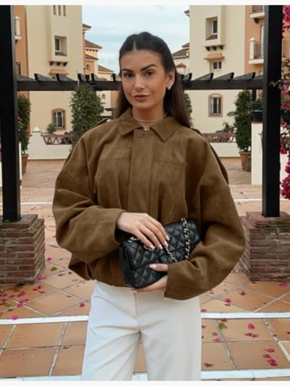 Faux Suede Bomber Jacket Oversized Batwing Long Sleeve Zip Up Cropped Coat - Picture 2 of 7